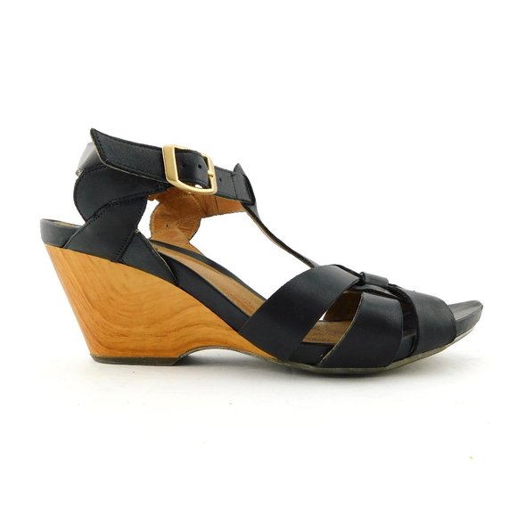 CLARKS ARTISAN Black Leather Wedge Sandals 10 - Picture 1 of 7